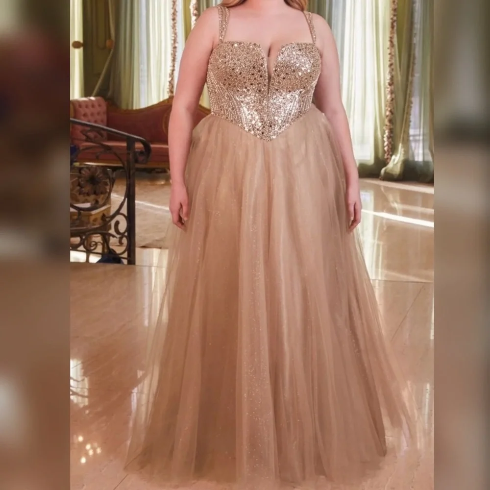 Mocha gold plus size prom dress sparkly a line with beaded details & corset back